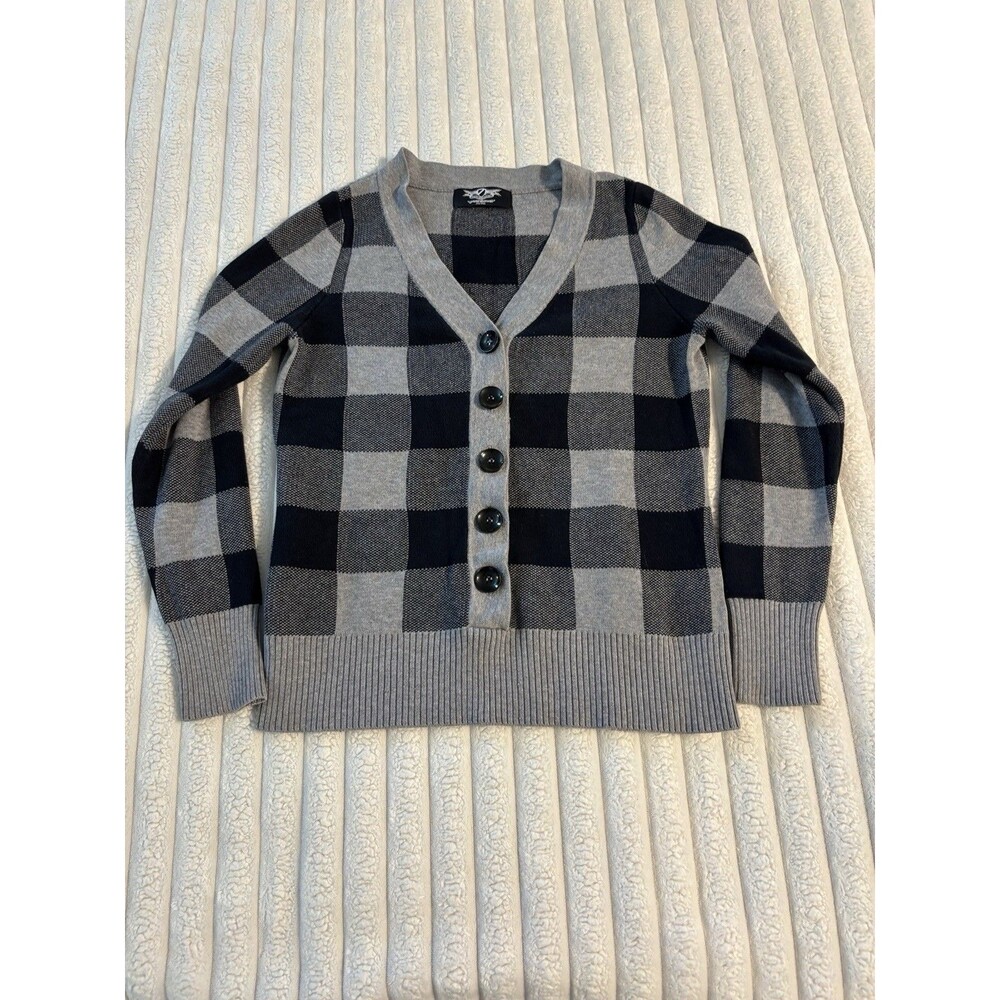 Women's v neck sweater cardigan Black Grey Plaid Preppy Small Dark Academia Poet